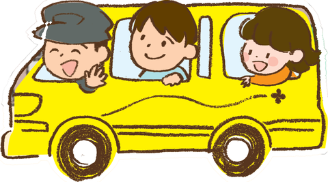 乗客が手を振る黄色い登山シャトルのイラスト