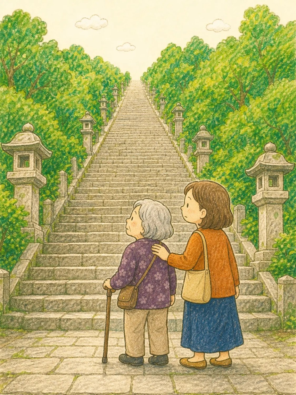 見上げるほど続く石段の前で、杖をついたおばあちゃんが立ち止まり、寄り添うご家族が肩に手を添えているイラスト
