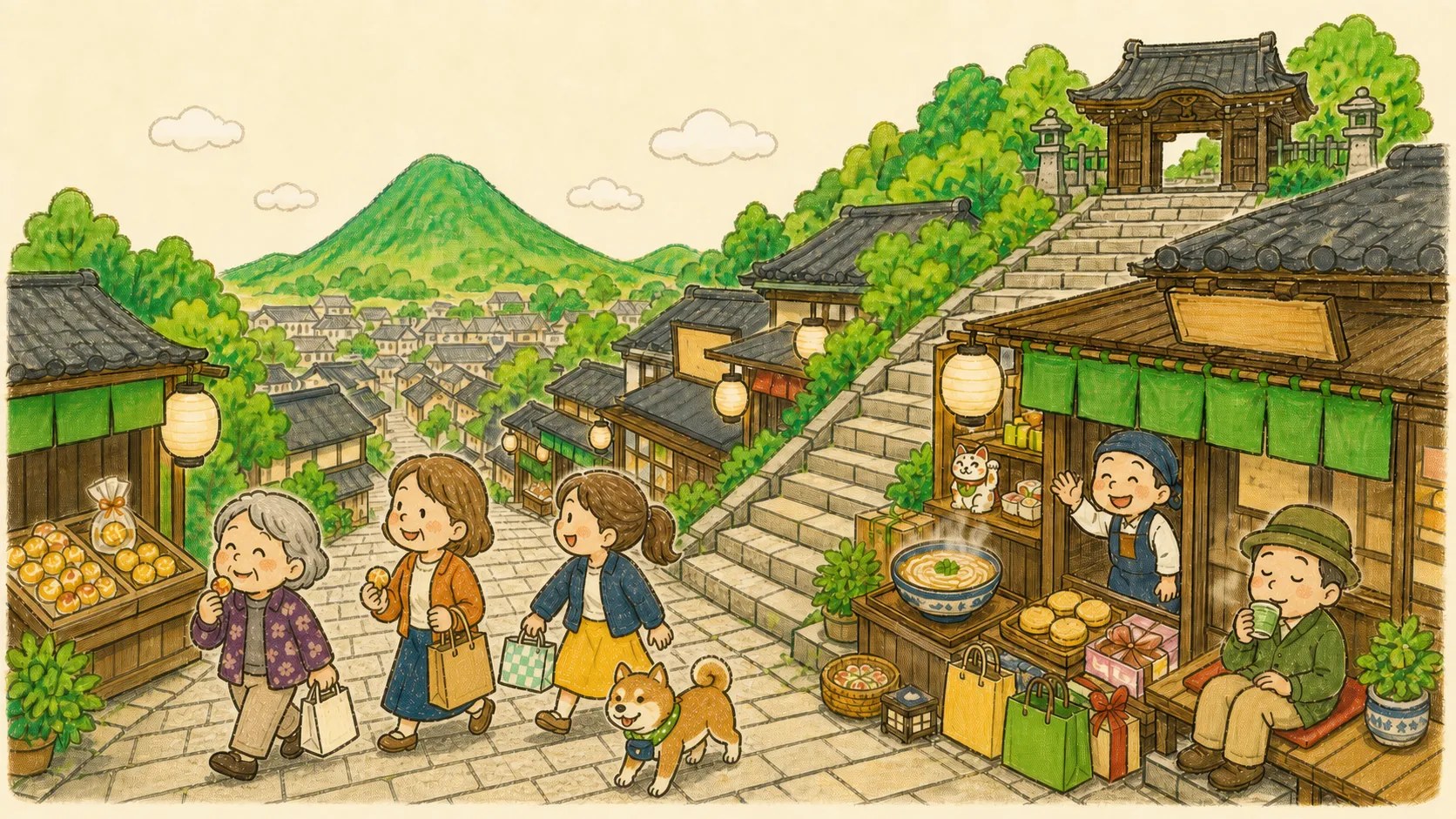 大門から参道の石段を、買い物やつまみ食いを楽しみながら三世代で降りてくるイラスト。両側にうどん屋さんやおみやげ屋さんの軒先が並ぶ